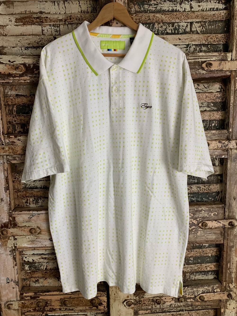 Vintage ENYCE Cotton Polo Shirt White Lime Green X Print, Y2K, Size 3XL